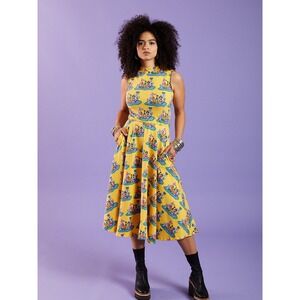 Nooworks Dahlia Dress Dog Party Yellow Sleeveless Midi Dress Plus 3X Maximalist